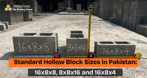 A display of standard hollow block sizes in Pakistan including 16x8x8 and 16x8x4 concrete panels
