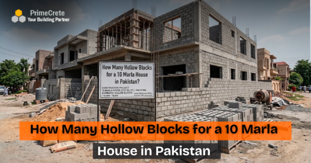 A 10 Marla house plan in Pakistan displayed with a calculator for hollow blocks estimation