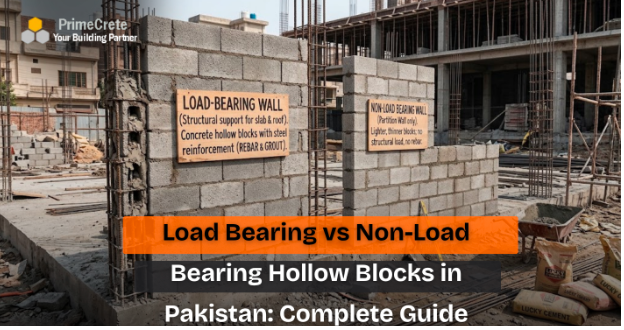A mason applying a 1:4 cement mortar ratio mix onto concrete hollow blocks on a Pakistani site